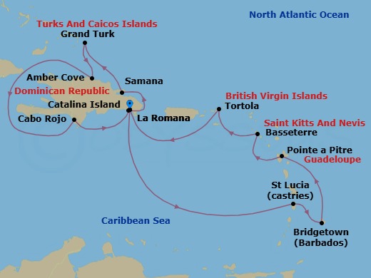 Route map: La Romana → Castries → BRIDGETOWN (BARBADOS) → Pointe-a-Pitre → Basseterre (Saint Kitts) → Road Habour (Tortola) → La Romana → Catalina Island → Arroyo Barril (Samana) → Grand Turks