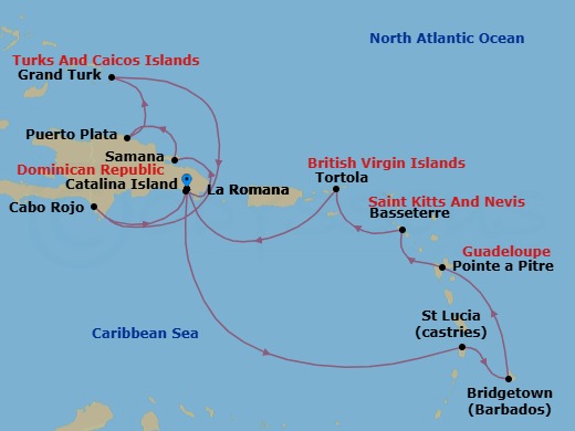 Route map: La Romana → Castries → BRIDGETOWN (BARBADOS) → Pointe-a-Pitre → Basseterre (Saint Kitts) → Road Habour (Tortola) → La Romana → Catalina Island → Arroyo Barril (Samana) → PUERTO PLATA