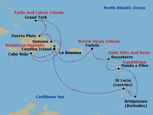 Route map: La Romana → Castries → BRIDGETOWN (BARBADOS) → Pointe-a-Pitre → Basseterre (Saint Kitts) → Road Habour (Tortola) → La Romana → Catalina Island → Cabo Rojo → Grand Turks