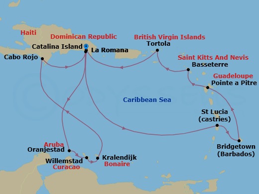 Route map: La Romana → Castries → BRIDGETOWN (BARBADOS) → Pointe-a-Pitre → Basseterre (Saint Kitts) → Road Habour (Tortola) → La Romana → Catalina Island → ARUBA Oranjestad → CURACAO Willemstad