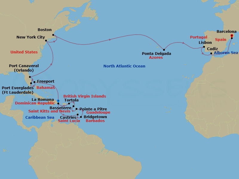 Route map: La Romana → Castries → Bridgetown → Pointe a Pitre → Basseterre → Tortola → La Romana → Freeport → Ft Lauderdale (Port Everglades) → Orlando (Port Canaveral)