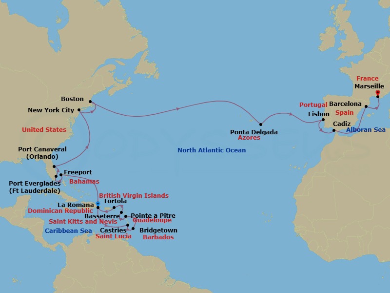 Route map: La Romana → Castries → Bridgetown → Pointe a Pitre → Basseterre → Tortola → La Romana → Freeport → Ft Lauderdale (Port Everglades) → Orlando (Port Canaveral)