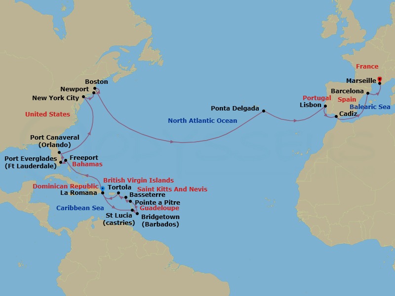 Route map: La Romana → Castries → BRIDGETOWN (BARBADOS) → Pointe-a-Pitre → Basseterre (Saint Kitts) → Road Habour (Tortola) → La Romana → FREEPORT → PORT EVERGLADES → P CANAVERAL