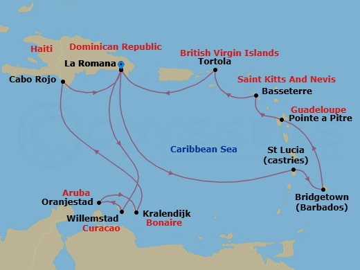 Route map: La Romana → Castries → BRIDGETOWN (BARBADOS) → Pointe-a-Pitre → Basseterre (Saint Kitts) → Road Habour (Tortola) → La Romana → CURACAO Willemstad → ARUBA Oranjestad → Kralendijk