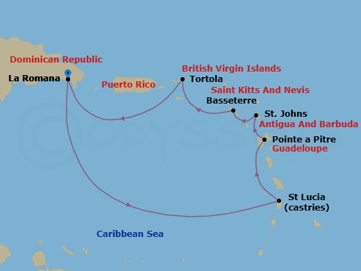 Route map: La Romana → Castries → Pointe-a-Pitre → St Johns (Antigua) → Basseterre (Saint Kitts) → Road Habour (Tortola) → La Romana