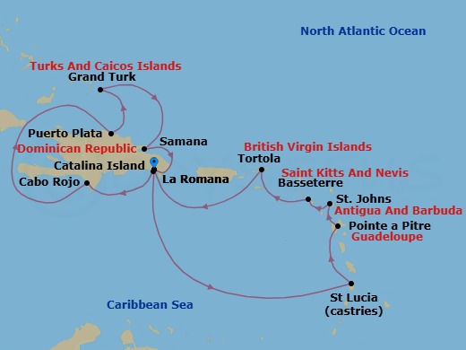 Route map: La Romana → Castries → Pointe-a-Pitre → St Johns (Antigua) → Basseterre (Saint Kitts) → Road Habour (Tortola) → La Romana → Catalina Island → Cabo Rojo → PUERTO PLATA
