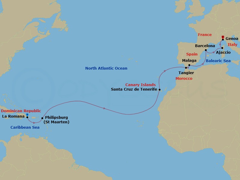 Route map: La Romana → Philipsburg → Santa Cruz (Tenerife) → Tangier → Malaga → Barcelona → Ajaccio (Corsica) → Genova (Portofino)