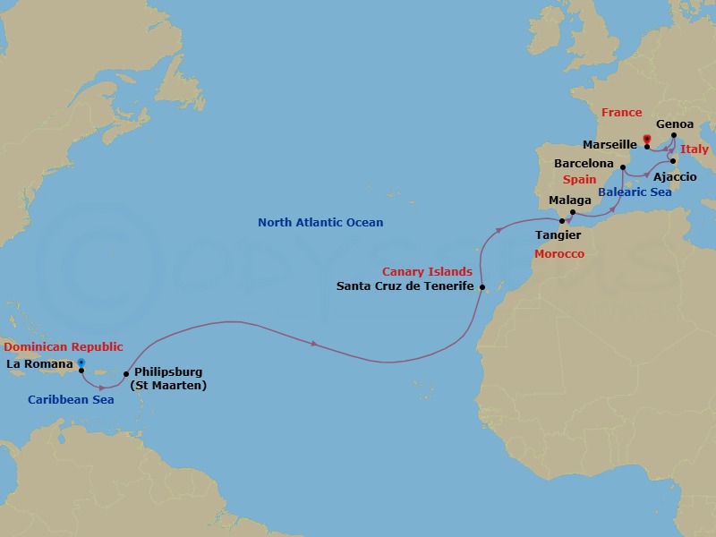 Route map: La Romana → Philipsburg → Santa Cruz (Tenerife) → Tangier → Malaga → Barcelona → Ajaccio (Corsica) → Genova (Portofino) → Marseille