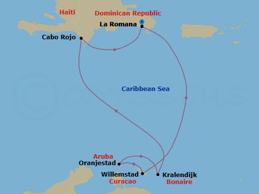 Route map: La Romana → CURACAO Willemstad → ARUBA Oranjestad → Kralendijk → Cabo Rojo → La Romana