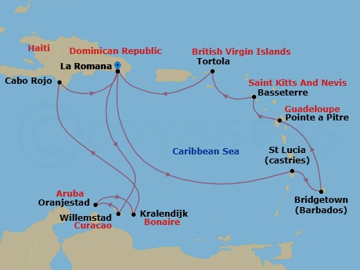 Route map: La Romana → CURACAO Willemstad → ARUBA Oranjestad → Kralendijk → Cabo Rojo → La Romana → Castries → BRIDGETOWN (BARBADOS) → Pointe-a-Pitre → Basseterre (Saint Kitts)