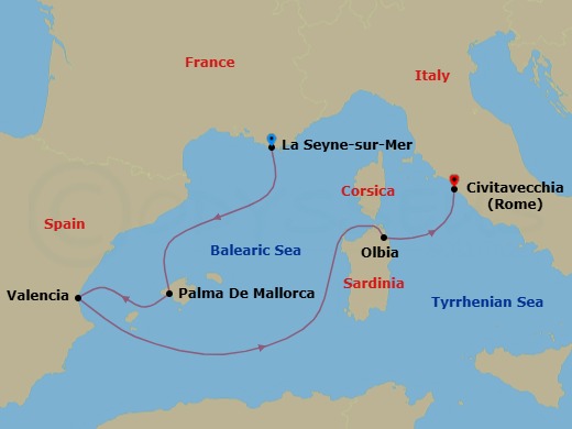 Route map: Toulon → Palma De Mallorca → Valencia → Olbia → Rome (Civitavecchia)