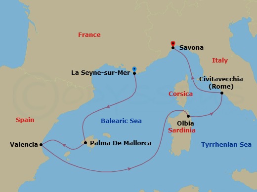 Route map: Toulon → Palma De Mallorca → Valencia → Olbia → Rome (Civitavecchia) → Savona