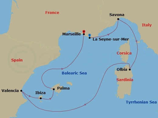 Route map: La Seyne(StTropez) → Savona → Olbia (costa Smeralda) → Valencia → IBIZA → PALMA DE MALLORCA → Marseille