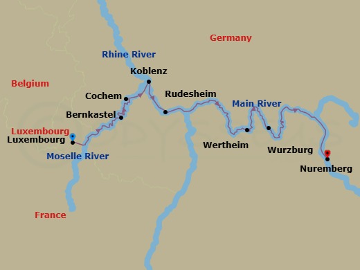 Route map: Luxembourg → Bernkastel → Cochem → Koblenz → Rudesheim → Wertheim → Wurzburg → Eltmann → Nuremberg