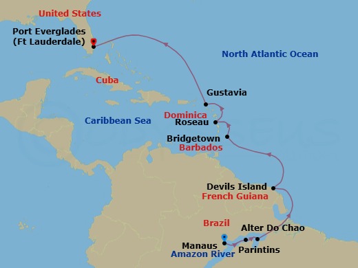 Route map: Manaus/Amazon → Parintins → Alter do Chao → Iles du Salut (Devil's Island) → Bridgetown → Roseau → Gustavia, St. Barthelemy → Fort Lauderdale