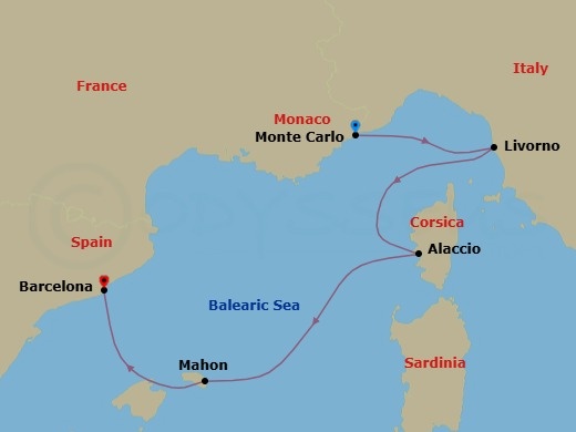 Route map: Monte Carlo → Livorno (Tuscany) → Ajaccio (Corsica) → Porto Mahon → Barcelona
