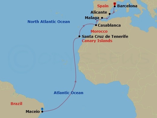 Route map: Maceio Brazil → Santa Cruz de Tenerife (Canary Is) Spain → Casablanca (Marrakech) Morocco → Malaga (Granada) Spain → Alicante Spain → Barcelona Spain