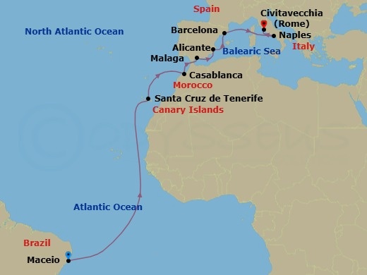 Route map: Maceio → Santa Cruz de Tenerife → Casablanca → Malaga → Alicante → Barcelona → Naples → Rome (Civitavecchia)