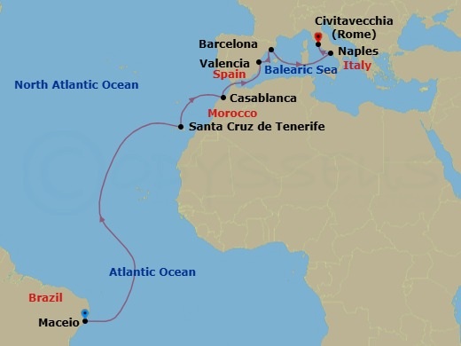 Route map: Maceio → Santa Cruz de Tenerife → Casablanca → Valencia → Barcelona → Naples → Rome (Civitavecchia)