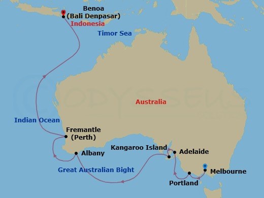 Route map: Melbourne → Portland → Adelaide → Kangaroo Island → Albany (Western Australia) → Fremantle (Perth) → Bali