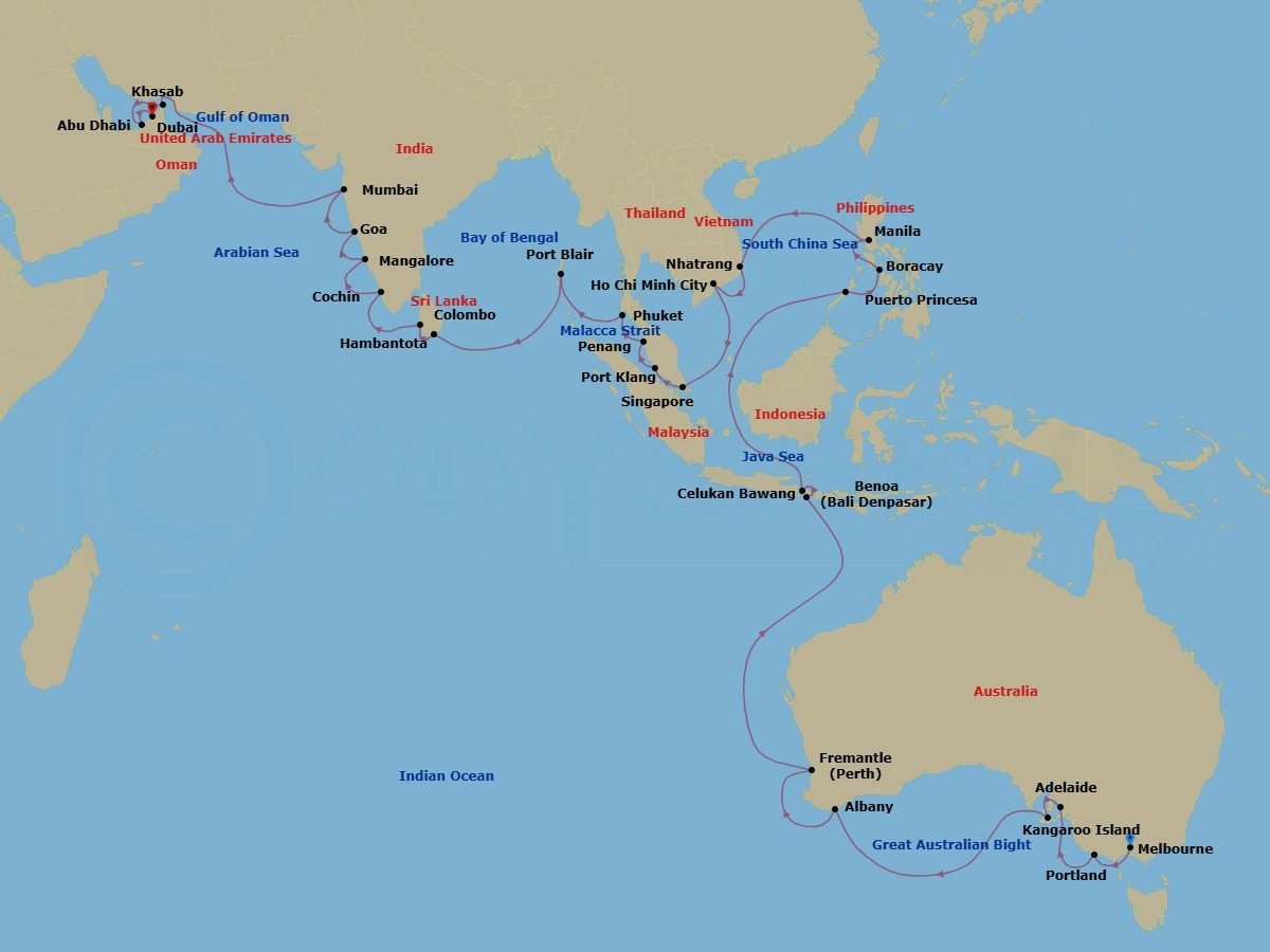 Route map: Melbourne → Portland → Adelaide → Kangaroo Island → Albany (Western Australia) → Fremantle (Perth) → Bali → Celukan Bawang (Bali) → Puerto Princesa → Boracay