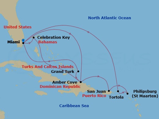 Route map: Miami, Florida → Amber Cove, Dominican Republic → San Juan, Puerto Rico → St. Maarten → Tortola, British Virgin Islands → Miami, Florida → Celebration Key, Bahamas → Amber Cove, Dominican Republic → Grand Turk, Turks & Caicos → Miami, Florida