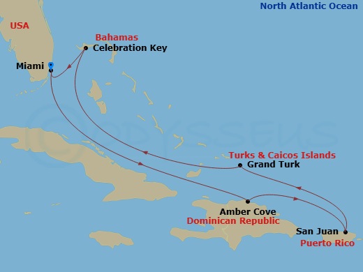 Route map: Miami, Florida → Amber Cove, Dominican Republic → San Juan, Puerto Rico → Grand Turk, Turks & Caicos → Celebration Key, Bahamas → Miami, Florida