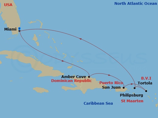 Route map: Miami, Florida → Amber Cove, Dominican Republic → San Juan, Puerto Rico → St. Maarten → Tortola, British Virgin Islands → Miami, Florida