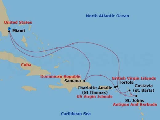 Route map: Miami → Samana → Charlotte Amalie → Gustavia → St. John's → Tortola → Miami