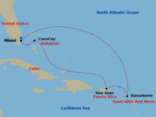 Route map: Miami, Florida → Basseterre, St Kitts & Nevis → San Juan, Puerto Rico → Perfect Day Cococay, Bahamas → Miami, Florida