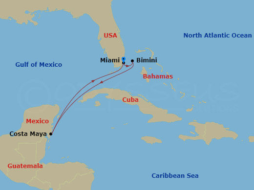 Route map: Miami, Florida → Bimini, Bahamas → Puerto Costa Maya, Mexico → Miami, Florida