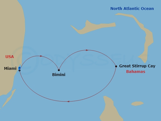 Route map: Miami, Fl → Bimini, Bahamas → Great Stirrup Cay, Bahamas → Miami, Fl