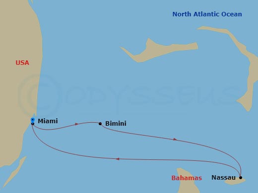 Route map: Miami, Fl → Bimini, Bahamas → Nassau, Bahamas → Miami, Fl