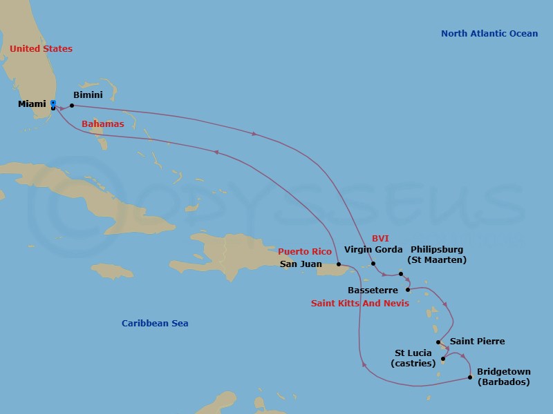 Route map: Miami, Florida → Bimini → Virgin Gorda → Philipsburg → Basseterre, St.Kitts → Saint- Pierre → Castries → Bridgetown → San Juan → Miami, Florida