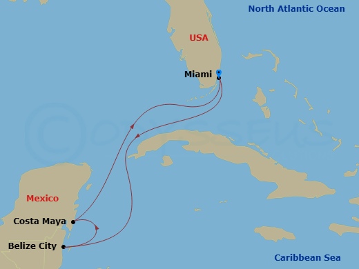 Route map: Miami, Florida → Belize City, Belize → Puerto Costa Maya, Mexico → Miami, Florida
