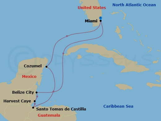 Route map: Miami → Belize City → Harvest Caye → Santo Tomas De Castilla → Cozumel → Miami