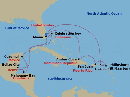 Route map: Miami, Florida → Belize City, Belize → Roatan (Isla Tropicale), Honduras → Cozumel, Mexico → Celebration Key, Bahamas → Miami, Florida → Amber Cove, Dominican Republic → San Juan, Puerto Rico → St. Maarten → Tortola, British Virgin Islands