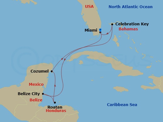 Route map: Miami, Florida → Belize City, Belize → Roatan (Isla Tropicale), Honduras → Cozumel, Mexico → Celebration Key, Bahamas → Miami, Florida