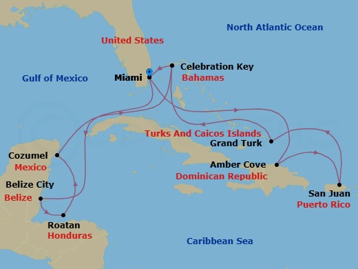 Route map: Miami, Florida → Belize City, Belize → Roatan (Isla Tropicale), Honduras → Cozumel, Mexico → Celebration Key, Bahamas → Miami, Florida → Amber Cove, Dominican Republic → San Juan, Puerto Rico → Grand Turk, Turks & Caicos → Celebration Key, Bahamas