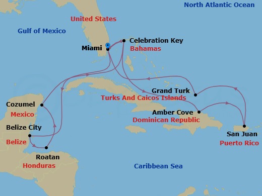 Route map: Miami, Florida → Belize City, Belize → Roatan (Isla Tropicale), Honduras → Cozumel, Mexico → Celebration Key, Bahamas → Miami, Florida → Celebration Key, Bahamas → Amber Cove, Dominican Republic → San Juan, Puerto Rico → Grand Turk, Turks & Caicos