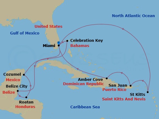 Route map: Miami, Florida → Belize City, Belize → Roatan (Isla Tropicale), Honduras → Cozumel, Mexico → Celebration Key, Bahamas → Miami, Florida → St. Kitts → San Juan, Puerto Rico → Amber Cove, Dominican Republic → Miami, Florida