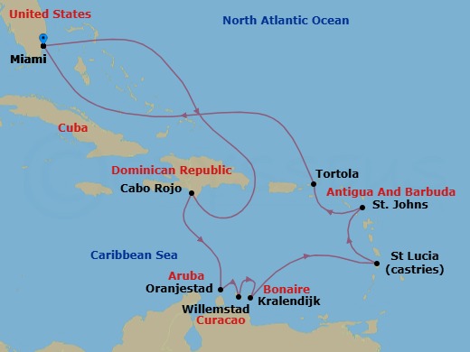 Route map: Miami → Cabo Rojo → Oranjestad → Willemstad → Kralendijk → Castries → St. John's → Tortola → Miami