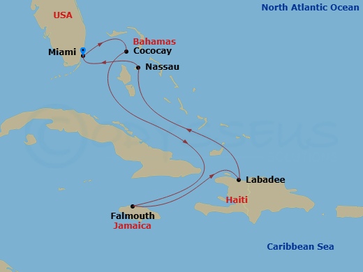 Route map: Miami, Florida → Perfect Day Cococay, Bahamas → Falmouth, Jamaica → Labadee, Haiti → Nassau, Bahamas → Miami, Florida