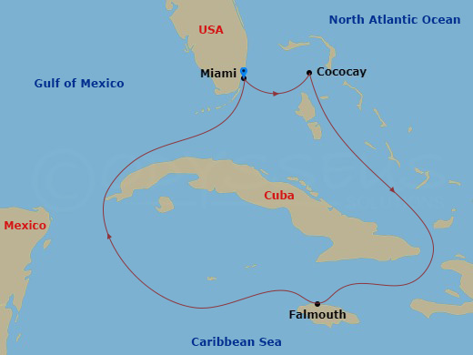 Route map: Miami, Florida → Perfect Day Cococay, Bahamas → Falmouth, Jamaica → Miami, Florida
