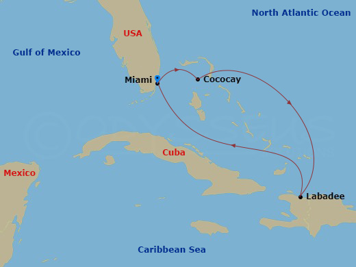 Route map: Miami, Florida → Perfect Day Cococay, Bahamas → Labadee, Haiti → Miami, Florida