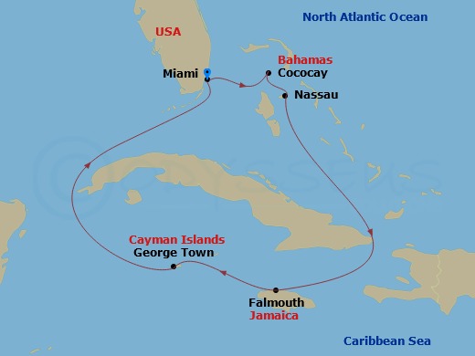 Route map: Miami, Florida → Perfect Day Cococay, Bahamas → Nassau, Bahamas → Falmouth, Jamaica → George Town, Grand Cayman → Miami, Florida