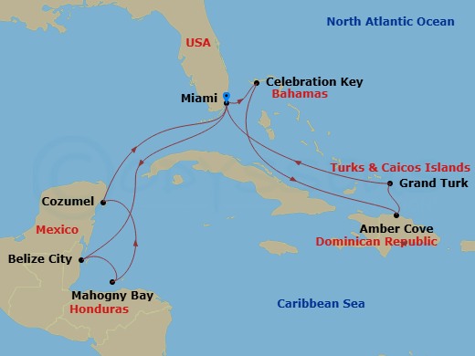 Route map: Miami, Florida → Celebration Key, Bahamas → Amber Cove, Dominican Republic → Grand Turk, Turks & Caicos → Miami, Florida → Belize City, Belize → Roatan (Isla Tropicale), Honduras → Cozumel, Mexico → Celebration Key, Bahamas → Miami, Florida