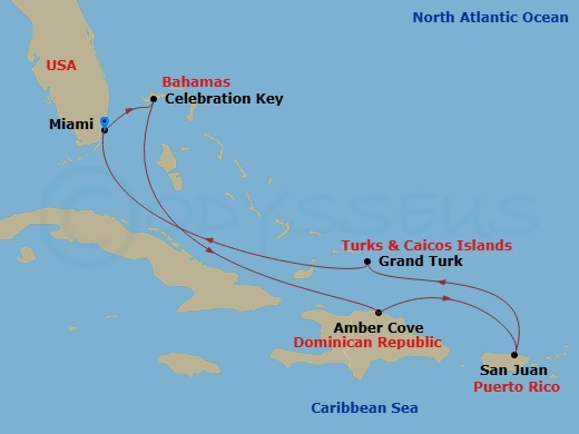 Route map: Miami, Florida → Celebration Key, Bahamas → Amber Cove, Dominican Republic → San Juan, Puerto Rico → Grand Turk, Turks & Caicos → Miami, Florida