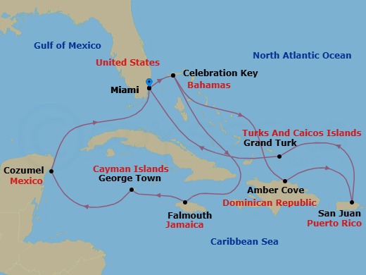 Route map: Miami, Florida → Celebration Key, Bahamas → Falmouth, Jamaica → Grand Cayman, Cayman Islands → Cozumel, Mexico → Miami, Florida → Celebration Key, Bahamas → Amber Cove, Dominican Republic → San Juan, Puerto Rico → Grand Turk, Turks & Caicos