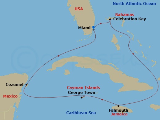 Route map: Miami, Florida → Celebration Key, Bahamas → Falmouth, Jamaica → Grand Cayman, Cayman Islands → Cozumel, Mexico → Miami, Florida
